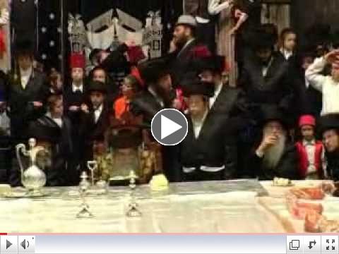 Sanzer Rebbe Shlita at Purim Tish & Purim Ruv on Table