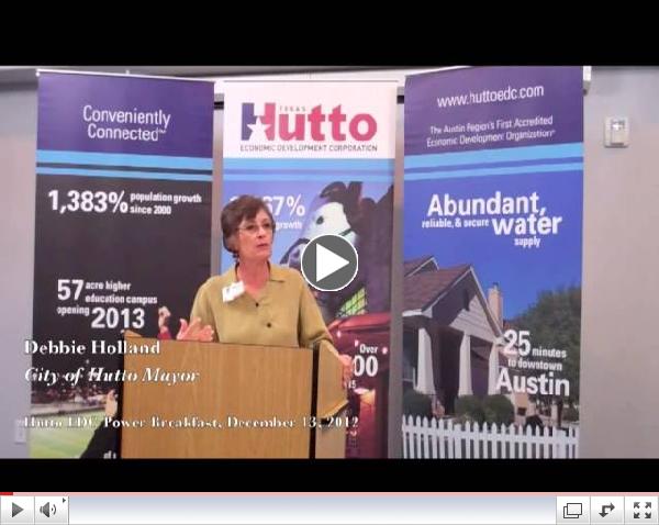 Video of Special Presentation by City of Hutto Mayor Debbie Holland to Hutto EDC Executive Director Scott Martinez, December 13, 2012.