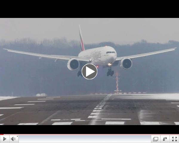 Crosswind Landings during a storm at D??sseldorf on an icy runway. Boeing 777, Airbus A340, A330